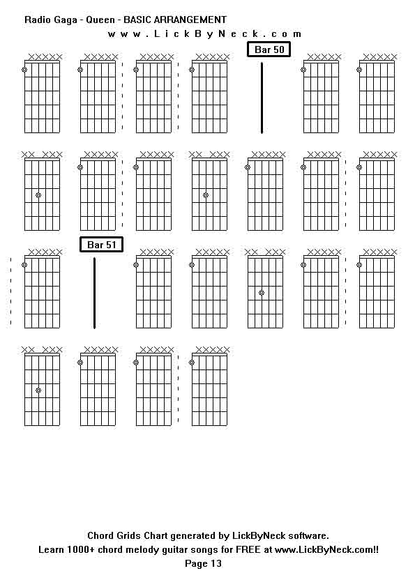 Chord Grids Chart of chord melody fingerstyle guitar song-Radio Gaga - Queen - BASIC ARRANGEMENT,generated by LickByNeck software.